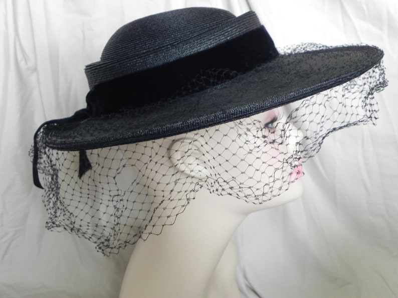 1940's Black Roberta Bernays Original Straw Hat Wide Brim Hat Platter Hat Saucer Hat Derby Hat Sunday Hat image 4