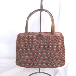 Vintage Braun Gemusterte Chenille 3 Fach Handtasche Abendtasche Geldbörse Top Henkeltasche von Louis