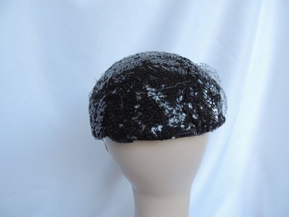 Vintage Black Sequined Pillbox Hat Evening Hat To… - image 5