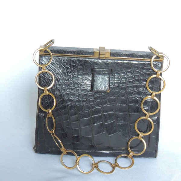 Vintage Black Lizard Handbag Shoulder Bag Purse Evening Bag with Brass Round Chain Link Strap by "Lucille de Paris"