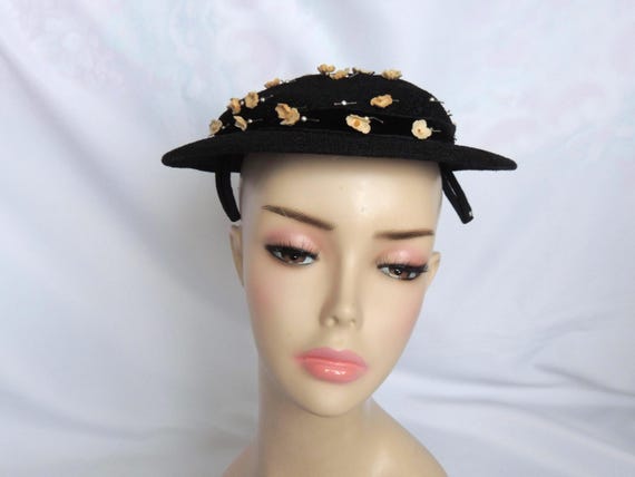 Vintage/Antique Black Boater Style Hat Small Plat… - image 2