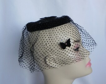 Black Open Crown Pillbox Hat Dress Hat Easter Sunday Hat Veil