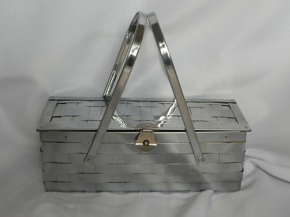 Silver Chrome Rectangular Basketweave Box Purse Ha