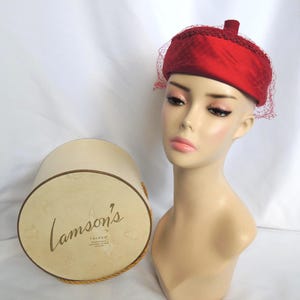 Vintage Red Wool and Satin Beanie Style Hat Dress Hat Pillbox Hat Tea Party Hat Church Hat Sunday Hat Easter Hat with Lamson&#39;s Hat Box