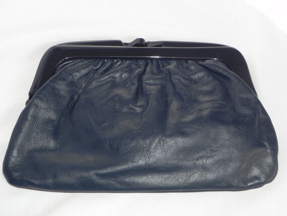 Vintage Navy Blue Italian Leather Clutch Purse Handbag Evening Bag