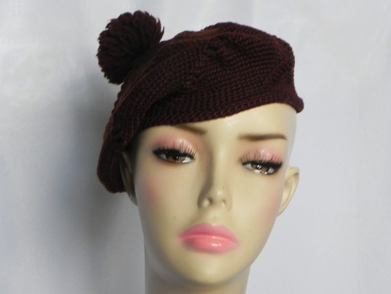 Vintage 1970's Brown Knit Crochet Beanie Hat Bere… - image 2