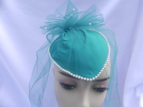 Vintage Teal Blue Derby Fascinator Hat Mini Hat M… - image 2