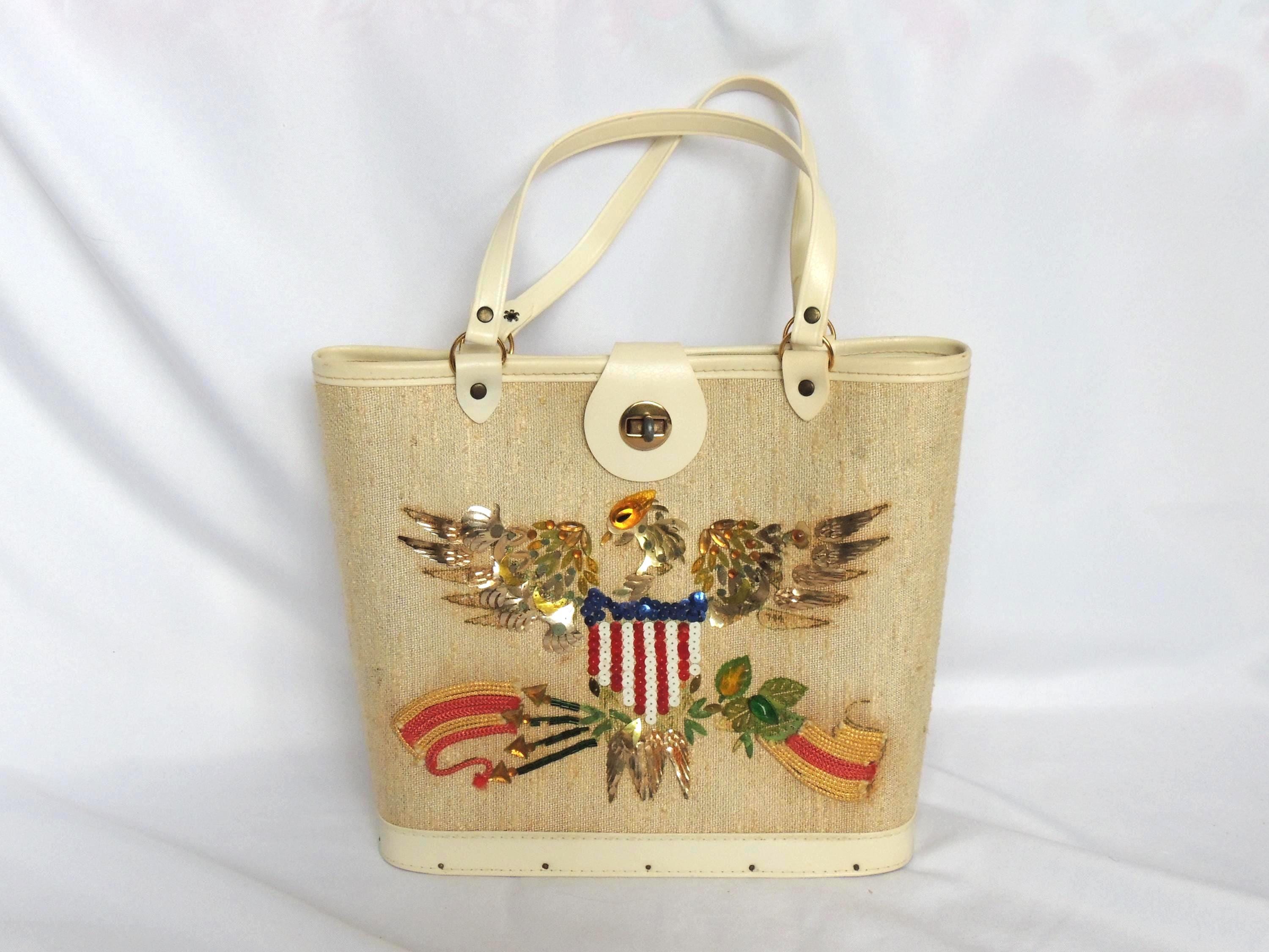 Vintage1970sエニッドEnid Collins 白馬の騎士ハンドバッグ Vintage Enid Collins Replica off White Linen Patriotic Themed