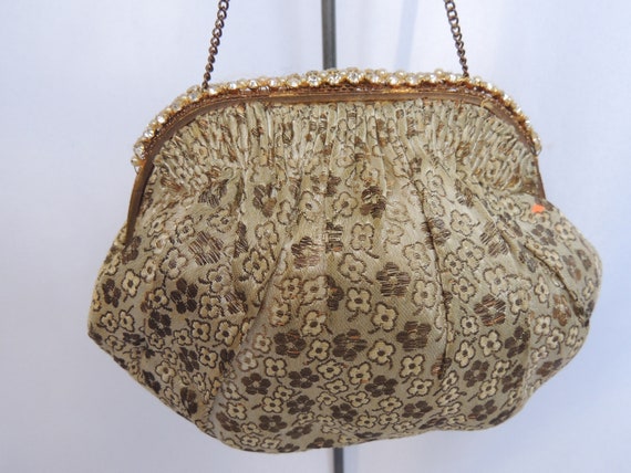 Vintage Gold and Beige Brocade Small Purse Evenin… - image 4