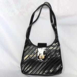 Vintage Black Patent Leather Three Compartment  Shoulder Bag Handbag Purse