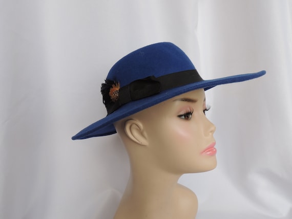 Vintage Royal Blue Wool Felt Fedora Style Dress H… - image 1