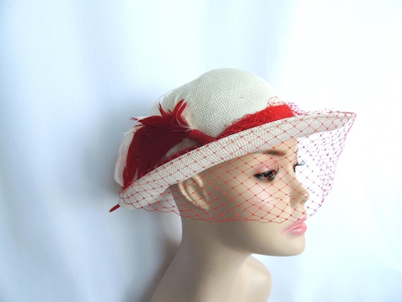 VTG 50s Straw Kentucky Derby Hat Colorful Pleated Band Net Veil Pillbox Vintage 1950s Straw Pillbox Hat with Colorful Pleats  main image 2