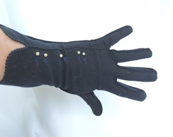 Gants de soirée vintage noirs en nylon extensible, détails de fausses perles, taille 7