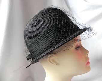 Vintage Black Straw Bowler Hat by Maxine Hats