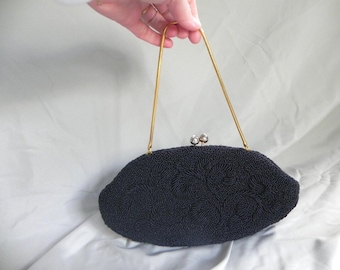 Vintage Black Beaded Formal Clutch Purse Evening Bag Handbag with Rhinestone Clasp