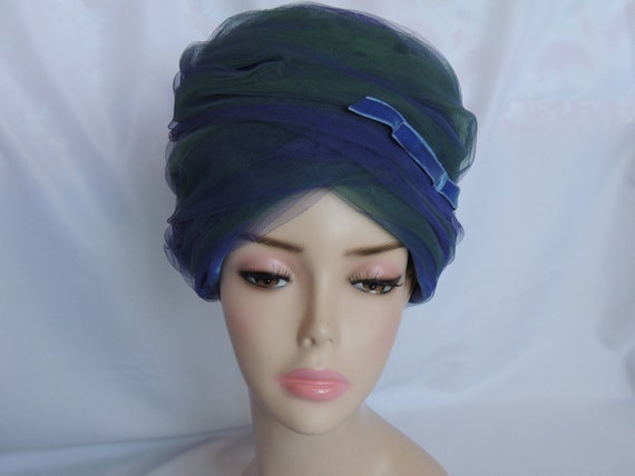 Vintage Blue and Green Tulle Turban Hat Dress Hat… - image 2