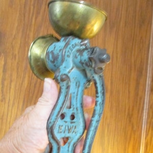Antique Czechoslovakia EIWA Iron Spice Grinder AQUA BLUE w Brass Fitings