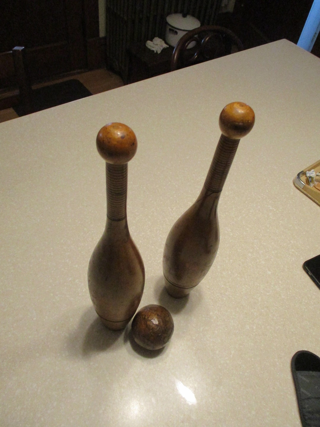 Pair of Large Antique Exercise Juggling Pins 2 1/2 LBS and Wood Ball 18