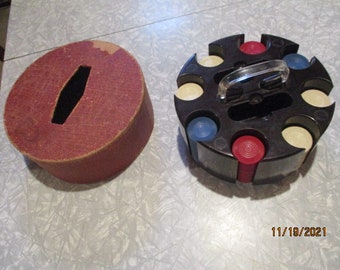 Vintage Bakelite Poker Chips with Round Bakelite Poker Chip Caddy CATALIN? Vintage Bakelite Poker Chips with Round Bakelite Poker Chip Caddy CATALIN?