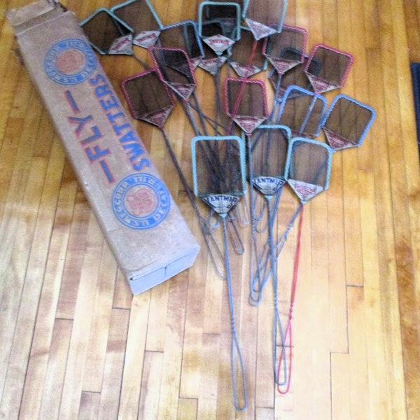 Vintage NOS Box of 19 FLY SWATTERS "Kantmis & Blackhawk" Various colors Orig Box Rare Find