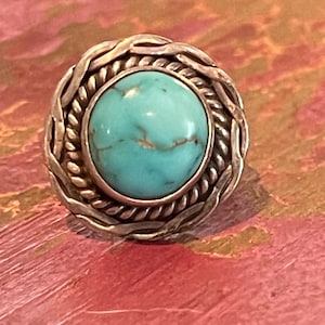 Beautiful vintage Native sterling silver and turquoise ring signed Cortez H size 4.5