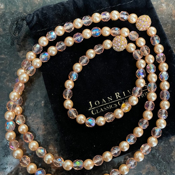 Joan Rivers peach-pinky faux pearl stretchy necklace and bracelet set, Mothers Day birthday anniversary graduation wedding gift