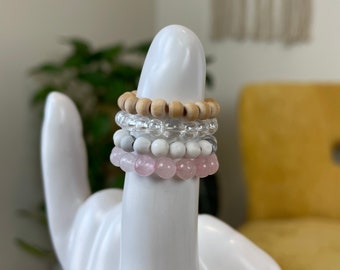 ROSE quartz ring stack | diffuser jewelry collection | 4 stretch cord rings 4mm