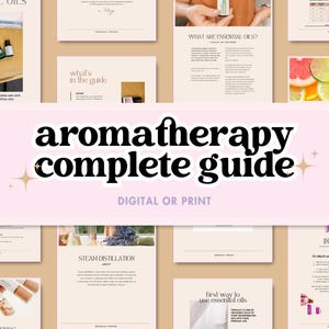 Puede incluir: Una guía digital o impresa titulada "aromaterapia guía completa" en una pancarta rosa. La imagen presenta páginas con texto e imágenes relacionadas con los aceites esenciales, incluyendo botellas, cítricos y diagramas.