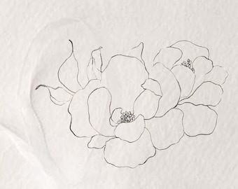 May include: A black and white line drawing of a magnolia flower on a white background. The text "MAGNOLIA illustration" and "PENCIL SKETCH MAGNOLIA" are also included.