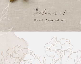 May include: A flat lay featuring stationery and art supplies. An envelope with striped lining, a wooden stamp, and a tube of paint are arranged on a beige linen surface. The text "Botanical Hand Painted Art" is displayed in elegant script.