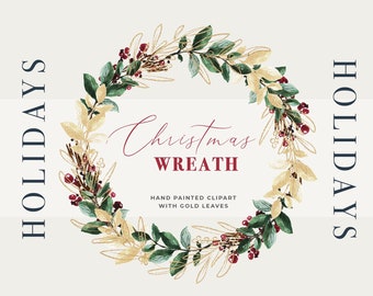 Kerstkrans clipart bloemen frame clipart gouden rand clipart vakantie krans clipart winter aquarel clipart krans kerst groen