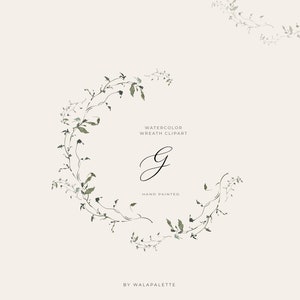Może przedstawiać: Klipart wianka akwarelowego z ręcznie malowaną literą G w środku. Wianek wykonany jest z zielonych winorośli i liści. Tekst "WATERCOLOR WREATH CLIPART" i "HAND PAINTED" znajduje się pod literą G. Tekst "BY WALAPALETTE" znajduje się na dole obrazu.