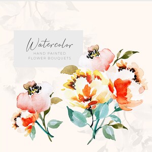 May include: Watercolor hand-painted flower bouquets in shades of peach, orange, and yellow with green leaves. The image features the text "Watercolor Hand Painted Flower Bouquets" in a rectangular frame.