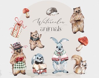 Woodland Animals Clipart Nursery Clipart Watercolor Woodland Christmas Clipart Watercolor Bear Winter Clipart Forest PNG Holiday Clipart