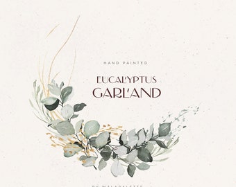 May include: Hand painted watercolor eucalyptus garland with gold accents. The garland is in the shape of a crescent moon and has a white background. The text "HAND PAINTED EUCALYPTUS GARLAND BY WALAPALETTE" is written below the garland.