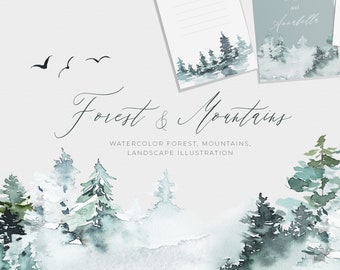 Landschaft Clipart Aquarell Berg Clipart Wald Clipart Aquarell Baum Clipart Hochzeitseinladung Wald Pine Tree Greenery Clipart
