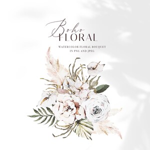 May include: Watercolor painting of a boho floral bouquet with white roses, green leaves, and beige pampas grass. The bouquet is on a white background with a shadow.