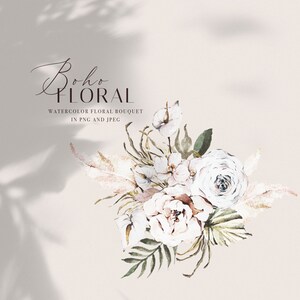 May include: Watercolor floral bouquet in shades of white, cream, and green. The bouquet features delicate flowers, leaves, and stems. The text "Boho Floral Watercolor Floral Bouquet in PNG and JPEG" is written in a cursive font at the top of the image.