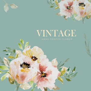 May include: Watercolor floral design featuring soft pink and yellow flowers with green leaves on a teal background. The word "VINTAGE" is displayed above "HAND PAINTED FLOWER". This design is suitable for various applications.