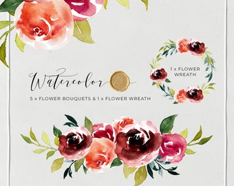 Watercolor Floral Clipart Floral Frame Individual PNG files Hand Painted Boho Bouquet Clipart Flower Elements Floral Wreath Arrangement