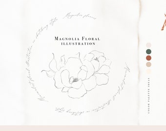 Magnolia Flower Line Art Illustration, Wedding Clipart (png, jpeg, eps, ai)