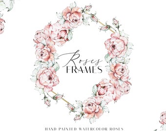 May include: Watercolor illustration of a hexagonal frame composed of pink roses and green leaves. The words "Roses FRAMES" are written in elegant script within the frame. Below, the text reads "HAND PAINTED WATERCOLOR ROSES".