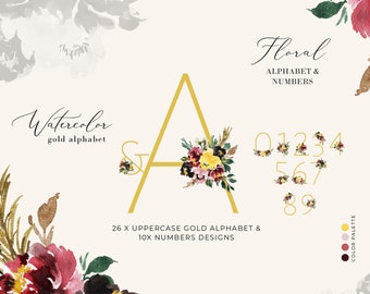 Flower Letters Watercolor Floral Alphabet Clipart Gold Alphabet Clipart Wedding Monogram Ampersand Free Commercial Use Wedding Alphabet PNG