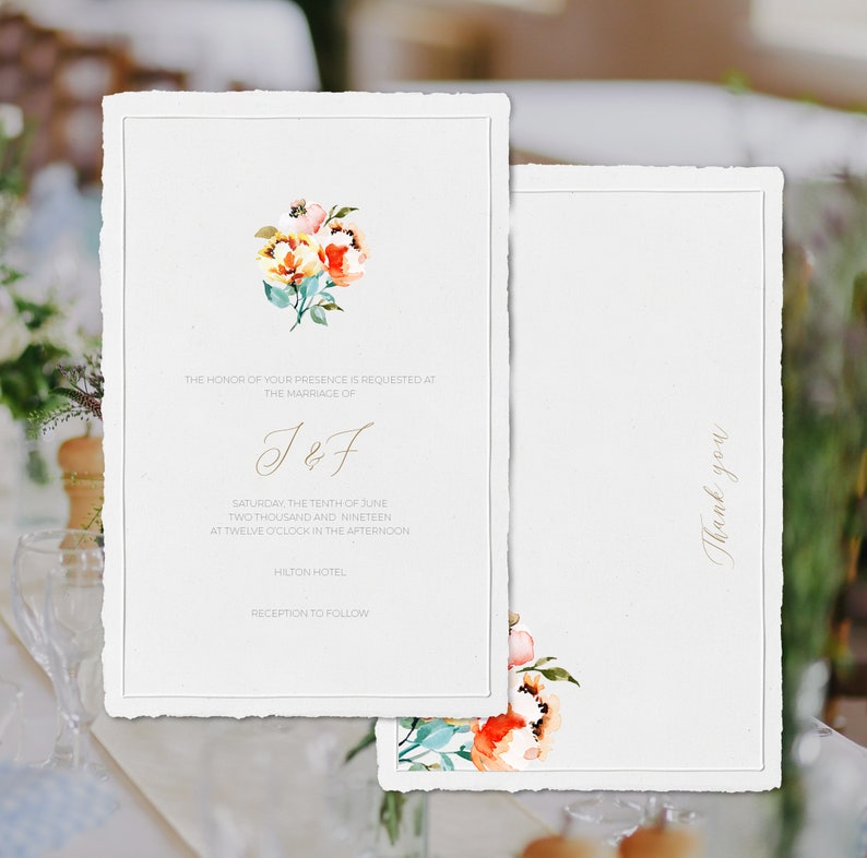 May include: Elegant wedding invitation with watercolor floral accents in peach, yellow, and green. The invitation includes the text "The honor of your presence is requested at the marriage of J&F" and "Thank you" on the back.