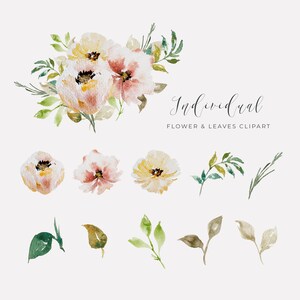 May include: Watercolor floral clipart featuring soft pink and yellow flowers with green leaves. The image includes a bouquet, individual flowers, and leaf sprigs. Text reads "Individual Flower & Leaves Clipart."