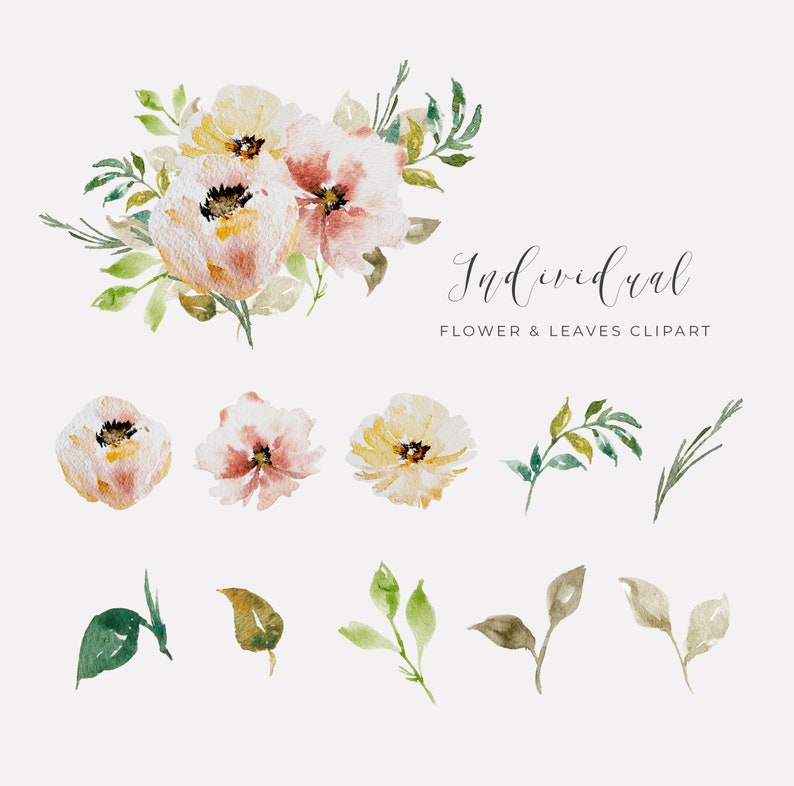 May include: Watercolor floral clipart featuring soft pink and yellow flowers with green leaves. The image includes a bouquet, individual flowers, and leaf sprigs. Text reads "Individual Flower & Leaves Clipart."