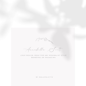 May include: A minimalist logo design featuring a simple line drawing of a branch with leaves. The text "Annabella Scott" is written in a cursive font below the branch. The text "Logo Design Ideas for any Minimalist Style Branding or Packaging" is written below the name. The text "By Wala Palette" is written at the bottom of the image.