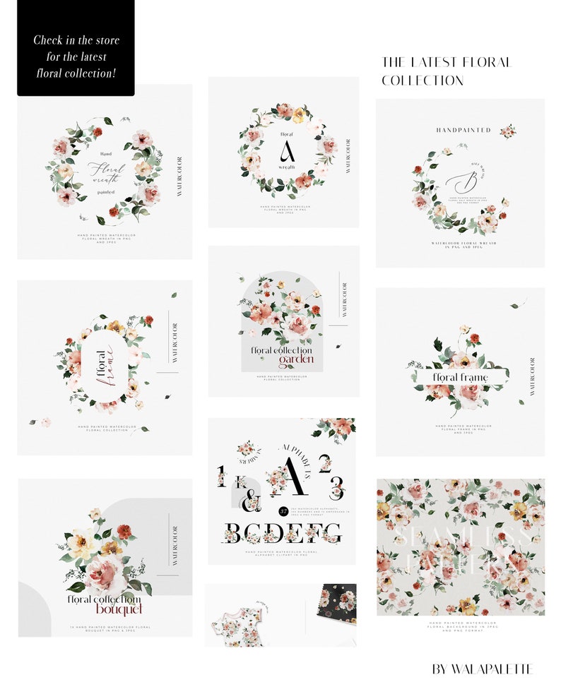 May include: A collection of watercolor floral illustrations featuring wreaths, frames, bouquets, and seamless patterns. The illustrations are hand-painted and feature delicate pink, yellow, and green flowers.