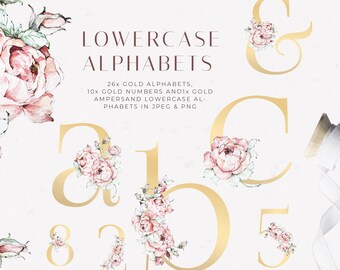 Watercolor Floral Alphabet Clipart, Gold Lowercase Letters (Digital Download)