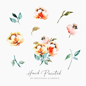 May include: Watercolor floral elements in shades of orange, yellow, and pink, with green leaves. The words "Hand Painted" and "8X INDIVIDUAL ELEMENTS" are written in black script.